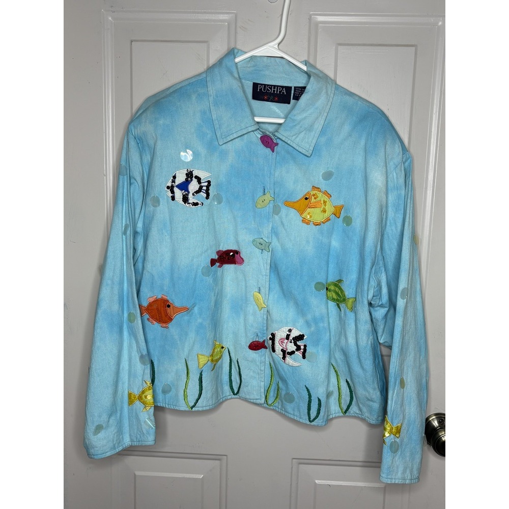 NWT Pushpa Jacket Womens L Blue Embroidered Fish Sequin Button Nautical Ocean